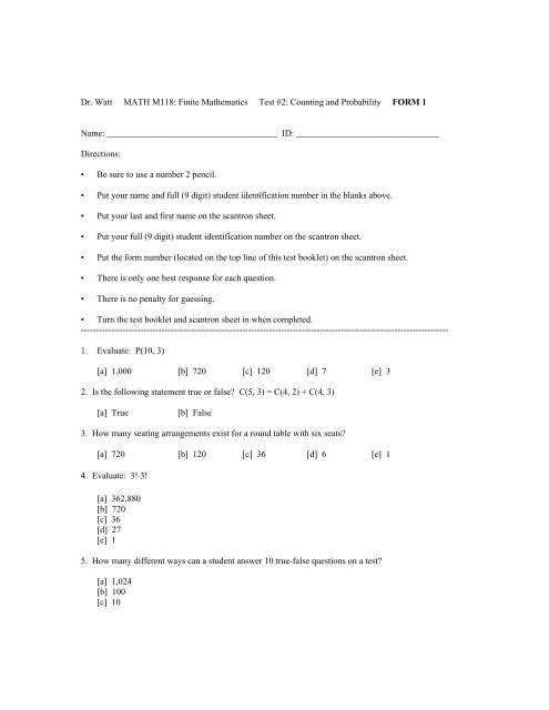 Dr. Watt MATH M118: Finite Mathematics Test #2 ... - Web Physics