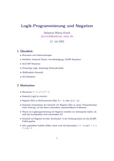 Logik-Programmierung und Negation - Sebastian Marius Kirsch