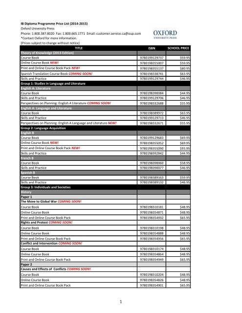 IB Diploma Programme Price List - Oxford University Press