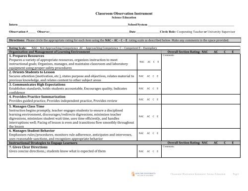 Classroom Observation Instrument: Science Education Page