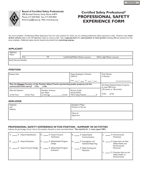 PROFESSIONAL SAFETY EXPERIENCE FORM - Board of Certified ...