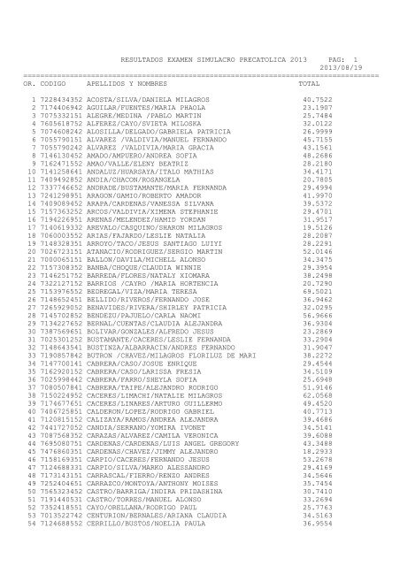 resultados examen simulacro precatolica 2013 pag: 1 2013/08/19