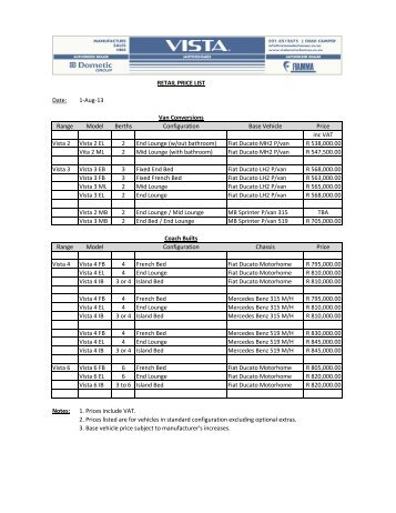 Motorhome Retail Price List (PDF) - Vista Motorhomes