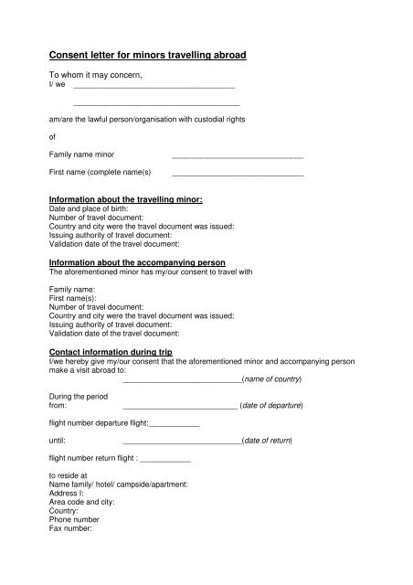 Letter Of Consent For International Travel Of A Minor Child