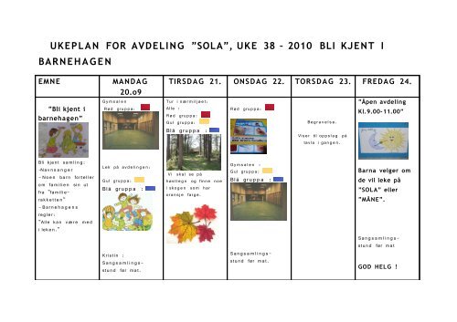 ukeplan for avdeling ”sola”, uke 38 – 2010 bli kjent i barnehagen