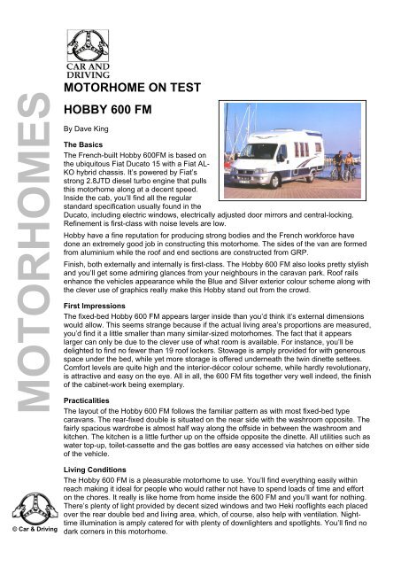 MOTORHOME ON TEST HOBBY 600 FM - Car & Driving