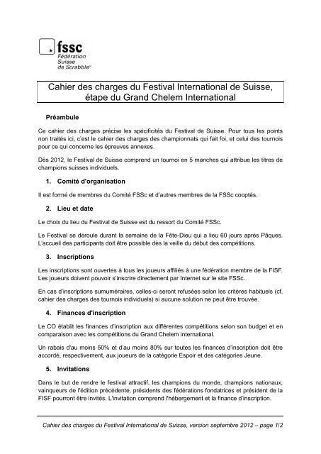 Cahier des charges du Festival international de Suisse - FÃ©dÃ©ration ...