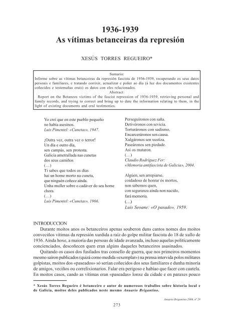 As vÃ­timas betanceiras da represiÃ³n, por XESÃS TORRES REGUEIRO