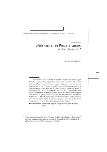 105 Melancolia: de Freud a Lacan, a dor de existir*