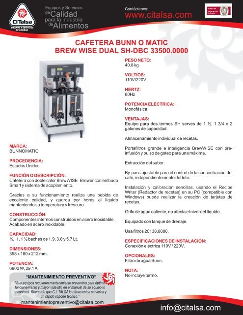 cafetera bunn o matic brew wise dual sh-dbc 33500.0000 ... - Citalsa