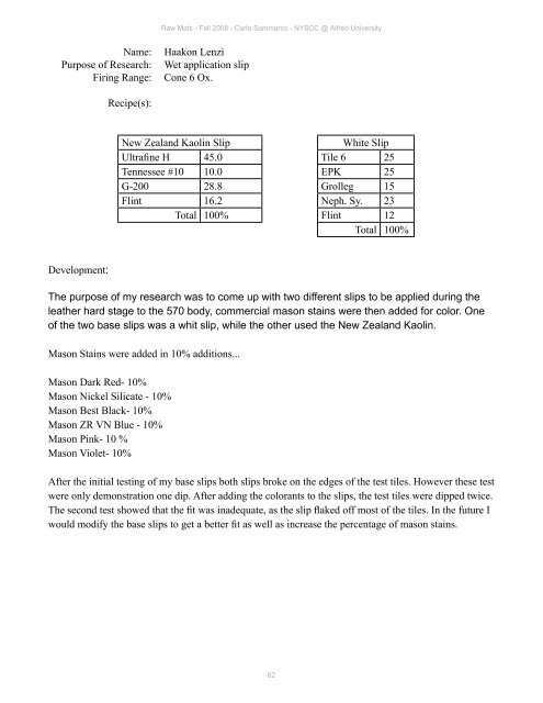 Raw Materials Cookbook 2008 - Alfred's Clay Store - Alfred University