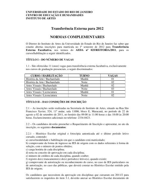 TransferÃªncia Externa para 2012 NORMAS ... - ART/ UERJ