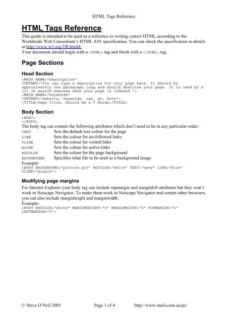 HTML Tags Reference - oneil.com.au