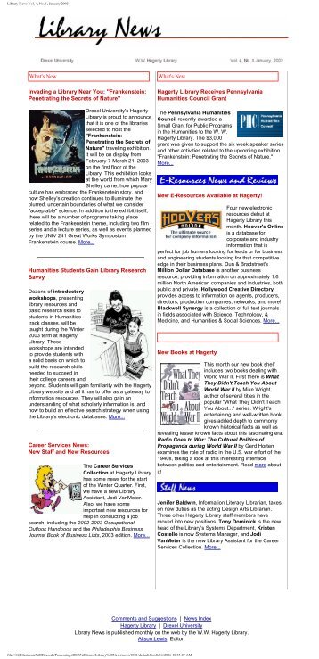 Library News Vol. 4, No. 1, January 2003 - iDEA - Drexel University