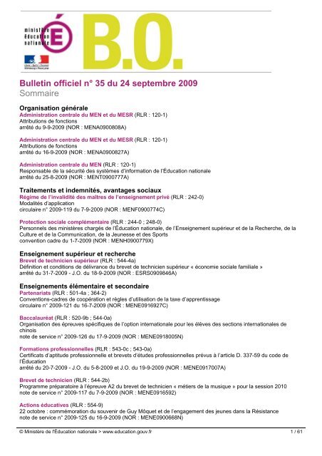 Bulletin officiel nÂ° 35 du 24 septembre 2009 Sommaire