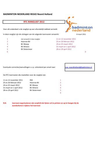 RTC Ranglijst Noord Holland 2012 - Badminton Nederland