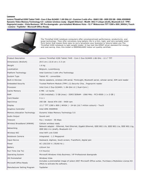 Lenovo Lenovo ThinkPad X200 Tablet 7449 Core 2 Duo ... - Visualis