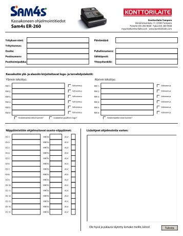 Sam4s ER-260 Ohjelmointilomake - Konttorilaite