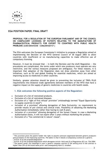 EGA Position Paper - European Generic medicines Association