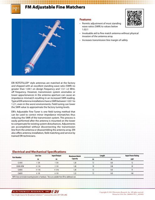 FM Adjustable Fine Matchers - Electronics Research, Inc.