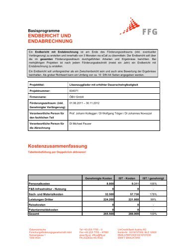 ENDBERICHT UND ENDABRECHNUNG Kostenzusammenfassung