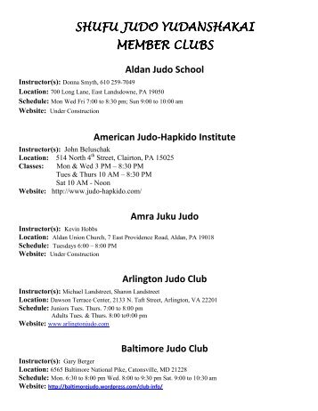 Listing of Member Clubs - Shufu Judo