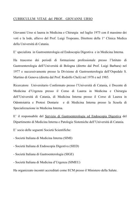 CURRICULUM VITAE del PROF. GIOVANNI URSO ... - Medicina