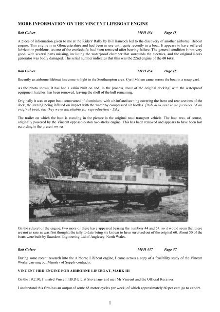 Vincent Raft Information on the Vincent Lifeboat Engine - Vincent HRD Owners ...