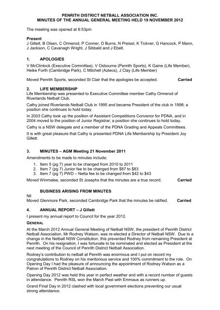 AGM Minutes 19/11/2012 - Penrith District Netball Association