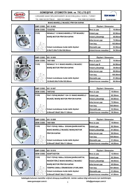 MAKO&MARELLÃÂ° EQUIVALENT STARTER MOTOR ... - gÃ¼mÃ¼Åpar