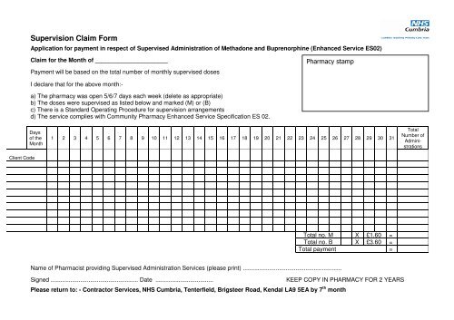 Supervision Claim Form - NHS Cumbria