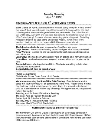 Tuesday Newsday April 17, 2012 Thursday, April 19 at 1:30: 6th ...