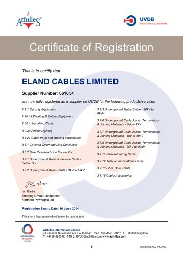 UVDB Certificate - Eland Cables