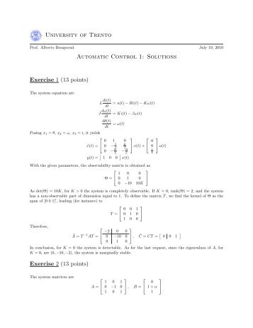 University of Trento Automatic Control 1: Solutions Exercise 1 (13 ...