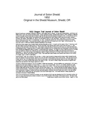 Journal of Solon Shedd 1852 Original in the ... - Oregon Pioneers