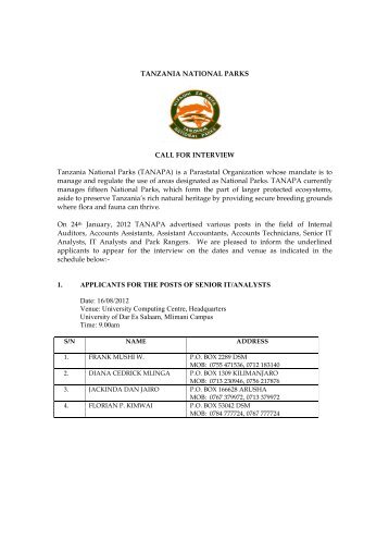 Call for interview - Tanzania National Parks