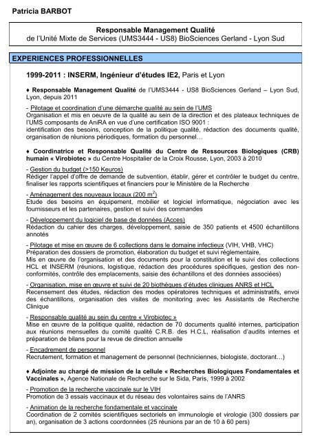 CV de Patricia Barbot - BioSciences Gerland - Lyon Sud