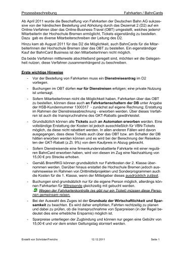 Bahnreisen OBT Registrierung / Bahncard Prozessbeschreibung