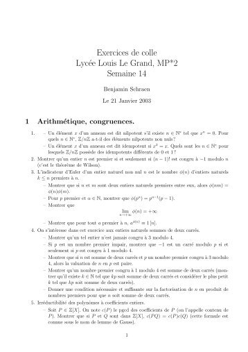 Exercices de colle LycÃ©e Louis Le Grand, MP*2 Semaine 14