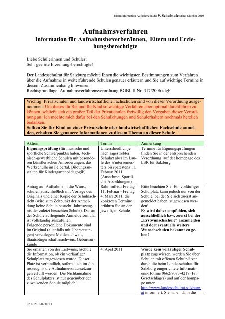 Information des Landesschulrates Salzburg zur Aufnahme in die 9 ...