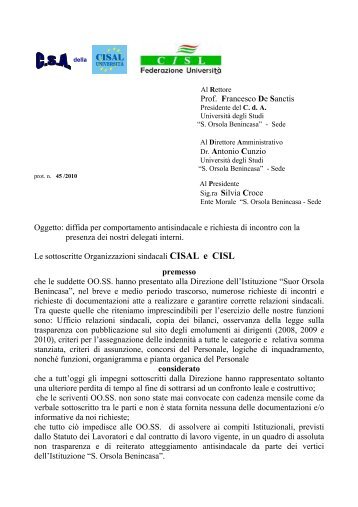 Diffida per comportamento antisindacale - Cisal UniversitÃ 