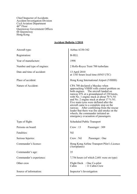 Accident Bulletin 1/2010 - Preliminary Report on Airbus A330-342 ...