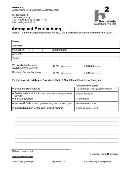 Antrag auf Beurlaubung - Hochschule Magdeburg-Stendal