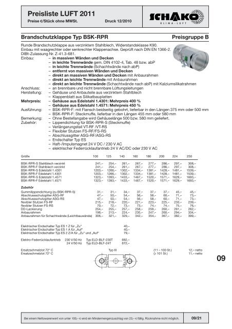 Schako Preisliste Luft 2011