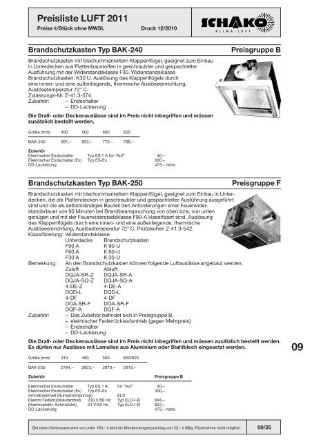 Schako Preisliste Luft 2011