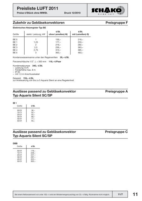 Schako Preisliste Luft 2011