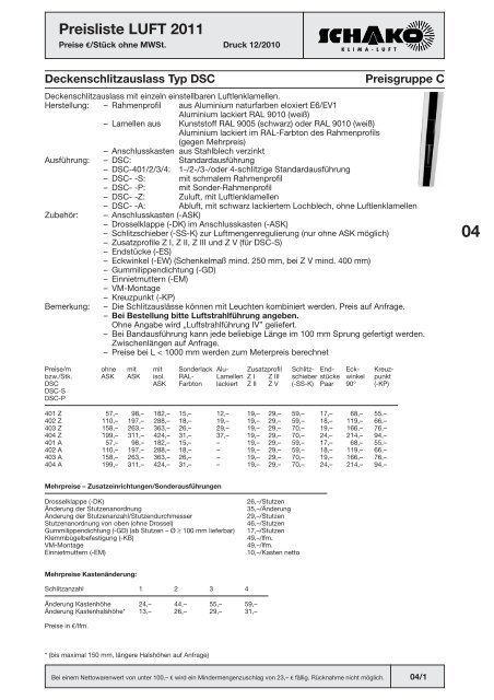 Schako Preisliste Luft 2011