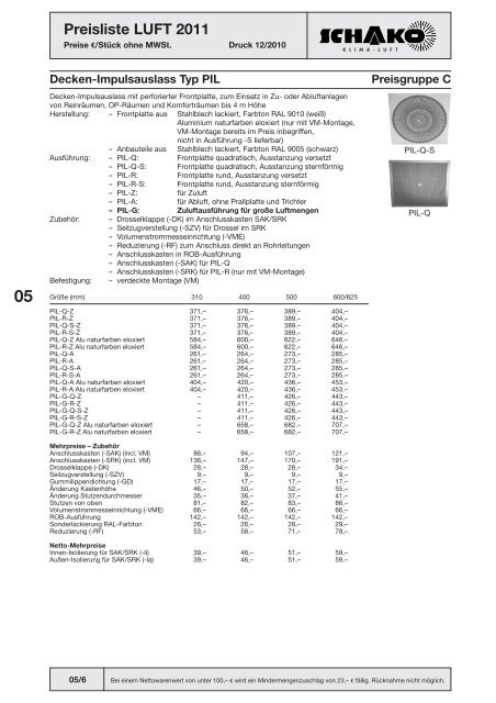 Schako Preisliste Luft 2011