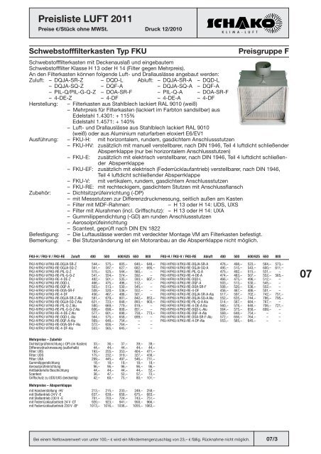 Schako Preisliste Luft 2011