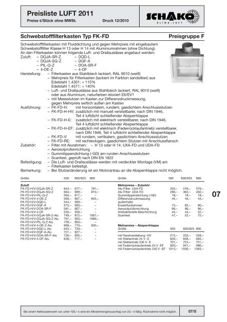 Schako Preisliste Luft 2011